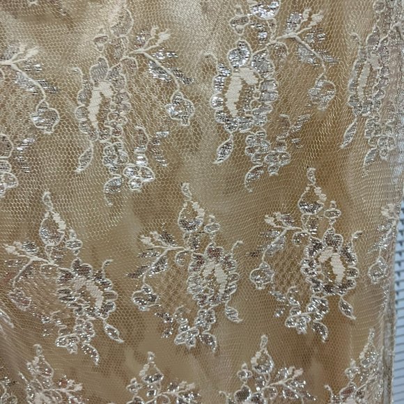 Champagne Beaded Embroidered Formal Dress with Lace Overlay - Picture 4 of 7